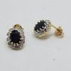 9ct Yellow Gold Oval Natural Sapphire and Diamond Cluster Stud Earrings