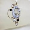 Sterling Silver Oval Dendritic Agate with Pearl and Onyx Ornate Pendant on Silver Chain