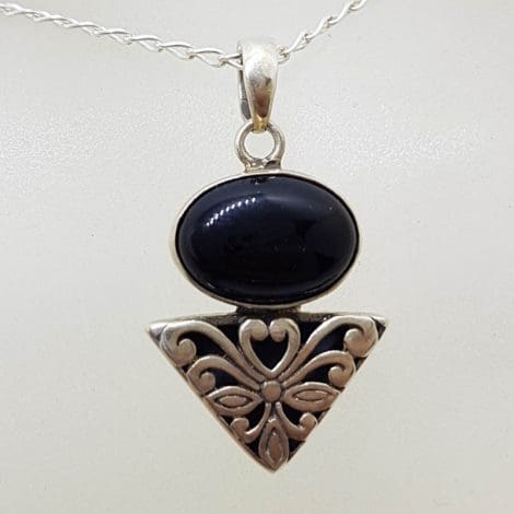 Sterling Silver Oval Onyx with Ornate Design Triangle Pendant on Silver Chain - Vintage