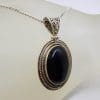 Sterling Silver Oval Onyx Pendant with Ornate Design on Silver Chain - Vintage