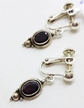 Sterling Silver Oval Garnet Clip-On / Screw-On Drop Earrings - Vintage