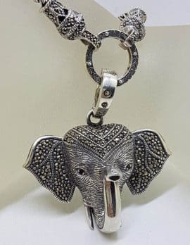 Sterling Silver Large Marcasite Elephant Enhancer Pendant on Thick and Long Silver Necklace/Chain