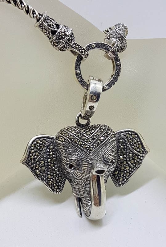 Sterling Silver Large Marcasite Elephant Enhancer Pendant on Thick and Long Silver Necklace/Chain