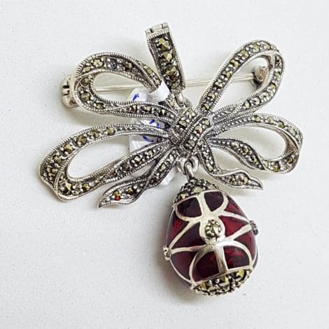 Sterling Silver Marcasite and Red Enamel Egg Drop on Ornate Bow Enhancer Pendant / Brooch