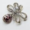 Sterling Silver Marcasite and Red Enamel Egg Drop on Ornate Bow Enhancer Pendant / Brooch