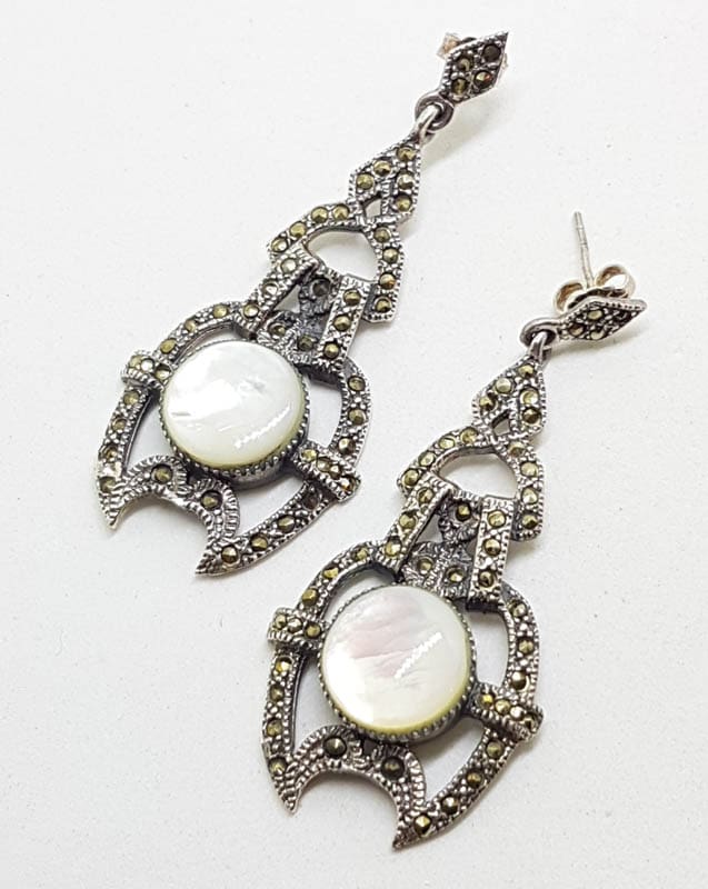 Sterling Silver Marcasite & Mother of Pearl Large Ornate Art Deco Style Drop Earrings