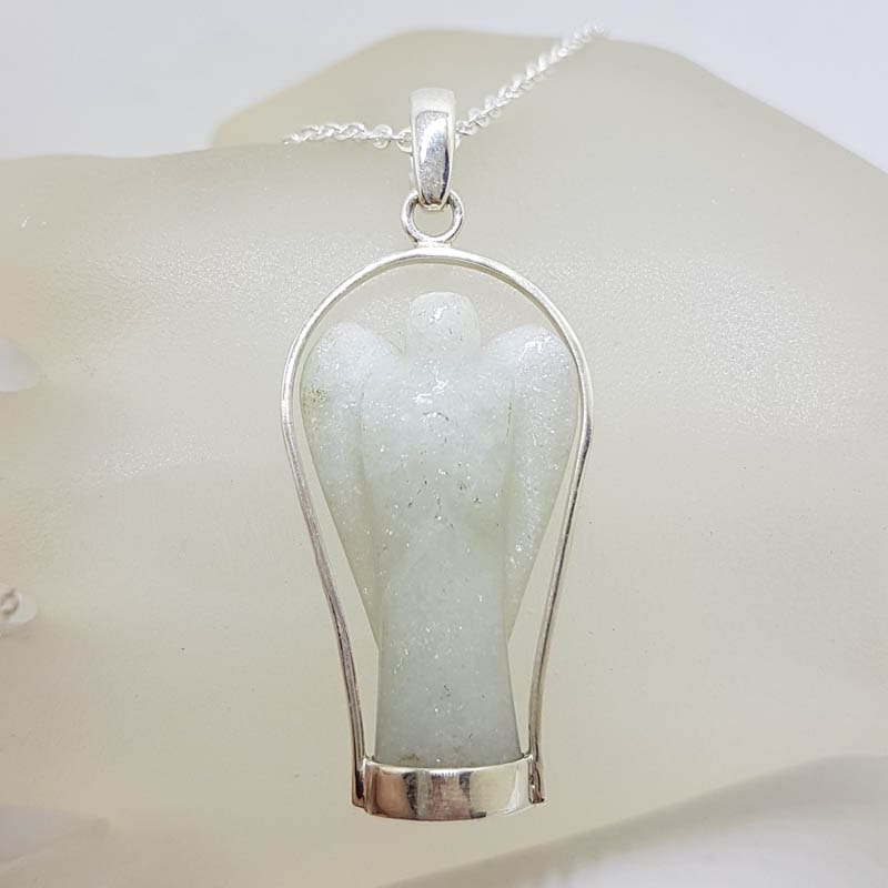 Sterling Silver Carved Aventurine Guardian Angel Pendant on Silver Chain