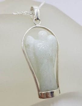 Sterling Silver Carved Aventurine Guardian Angel Pendant on Silver Chain