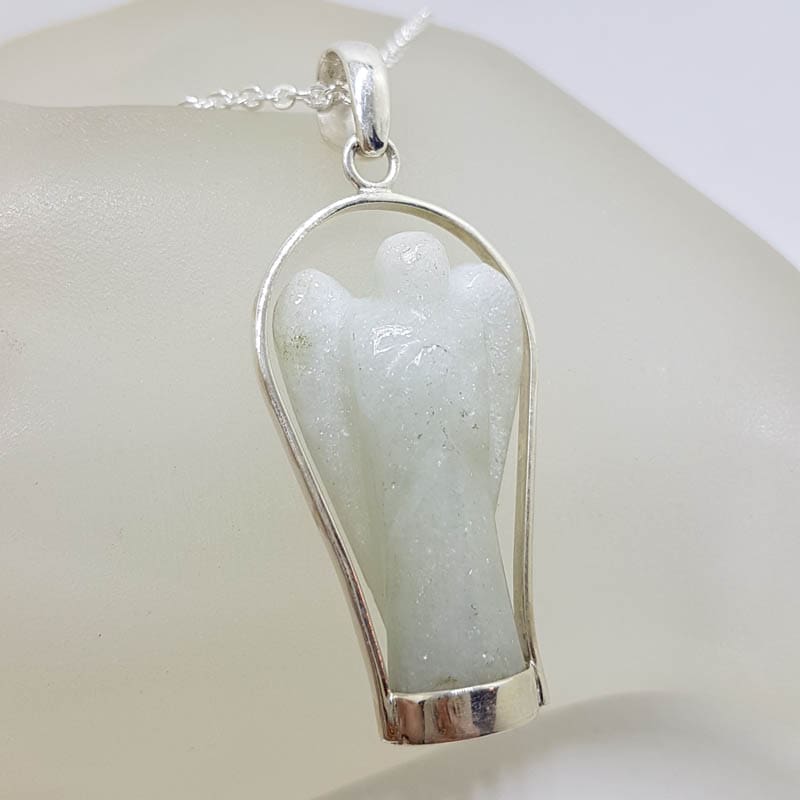 Sterling Silver Carved Aventurine Guardian Angel Pendant on Silver Chain