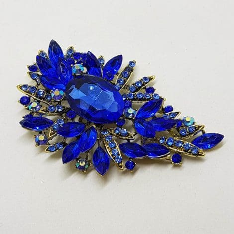 Very Large Blue Rhinestone Plated Cluster Brooch - Vintage Costume Jewellery