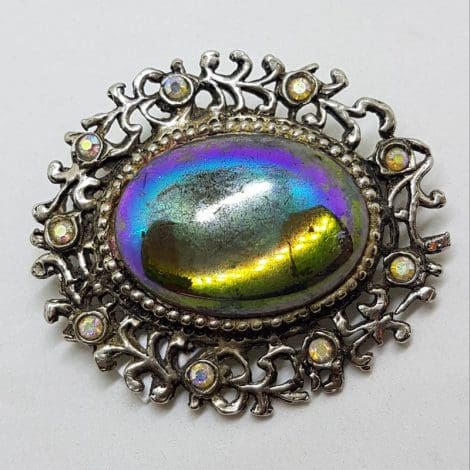 Oval Aurora Borealis Oval Cluster Brooch - Vintage Costume Jewellery