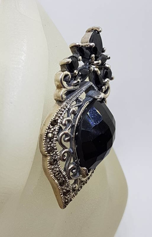 Sterling Silver Very Large Ornate Filigree Marcasite and Black Ornate Ring