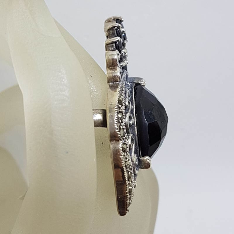 Sterling Silver Very Large Ornate Filigree Marcasite and Black Ornate Ring