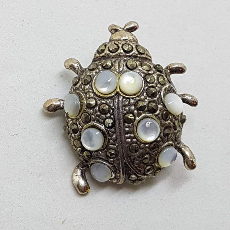 Sterling Silver Marcasite and Mother of Pearl Ladybird / Ladybug Brooch