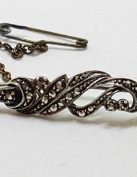 Sterling Silver Marcasite Long Bar with Ornate Twist Brooch - Vintage