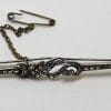 Sterling Silver Marcasite Long Bar with Ornate Twist Brooch - Vintage