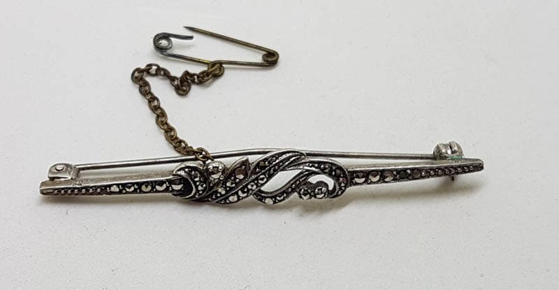 Sterling Silver Marcasite Long Bar with Ornate Twist Brooch - Vintage
