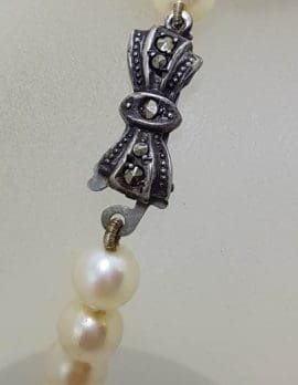 Sterling Silver Marcasite Bow Clasp on Pearl Strand Necklace / Chain - Vintage