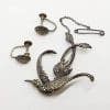 Sterling Silver Large Marcasite Bird / Phoenix Brooch and Earrings Set - Vintage