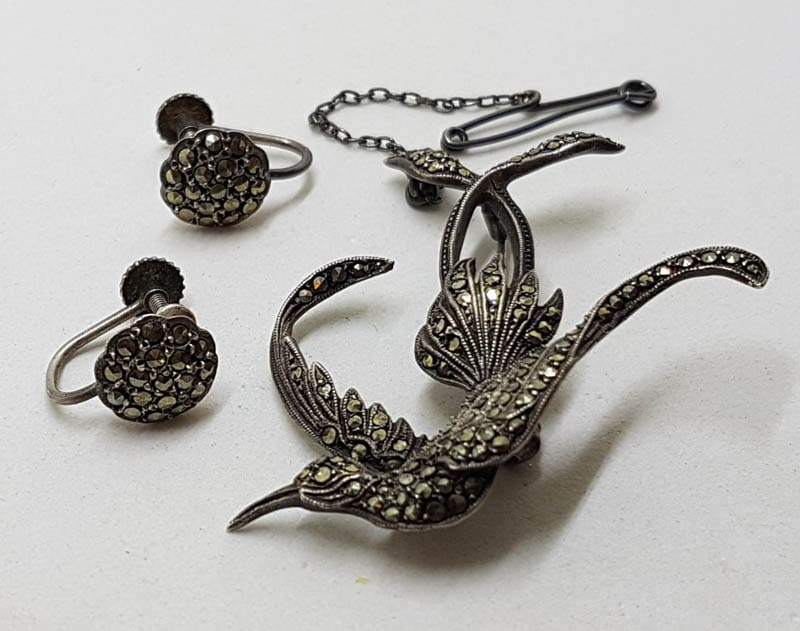 Sterling Silver Large Marcasite Bird / Phoenix Brooch and Earrings Set - Vintage