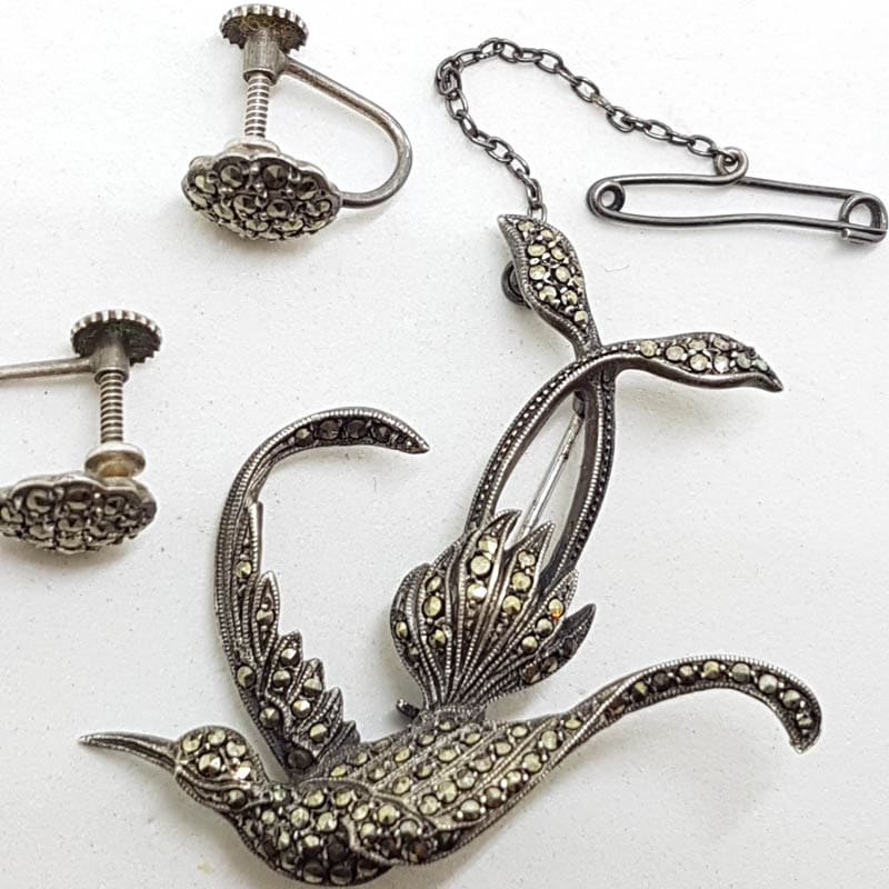 Sterling Silver Large Marcasite Bird / Phoenix Brooch and Earrings Set - Vintage