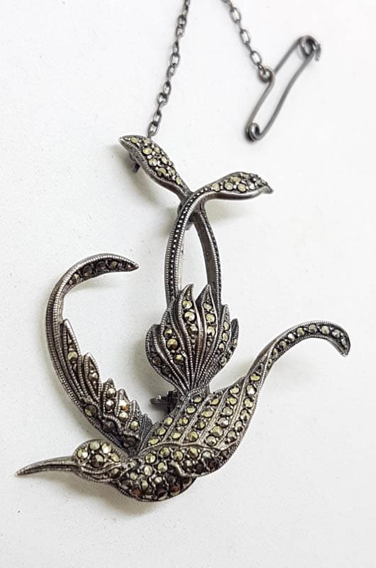 Sterling Silver Large Marcasite Bird / Phoenix Brooch and Earrings Set - Vintage