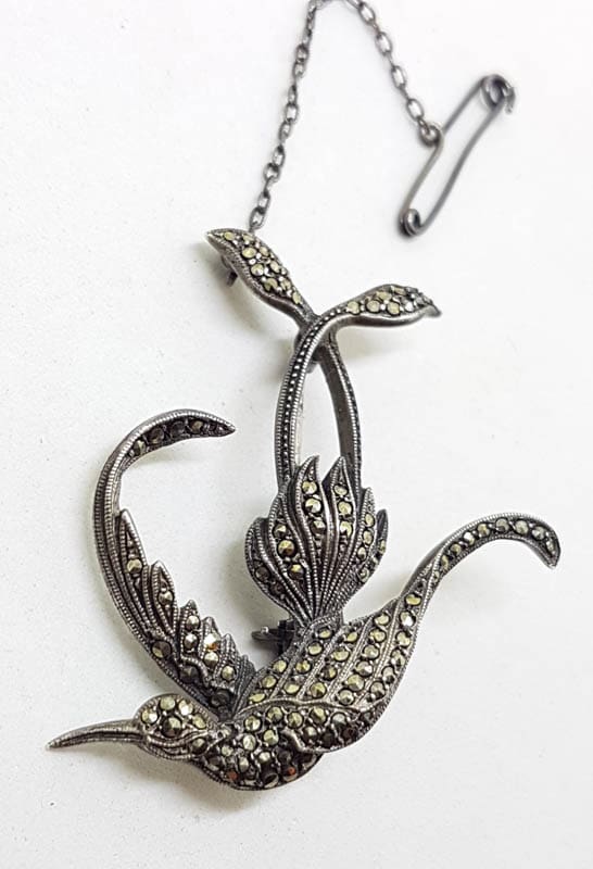 Sterling Silver Large Marcasite Bird / Phoenix Brooch and Earrings Set - Vintage