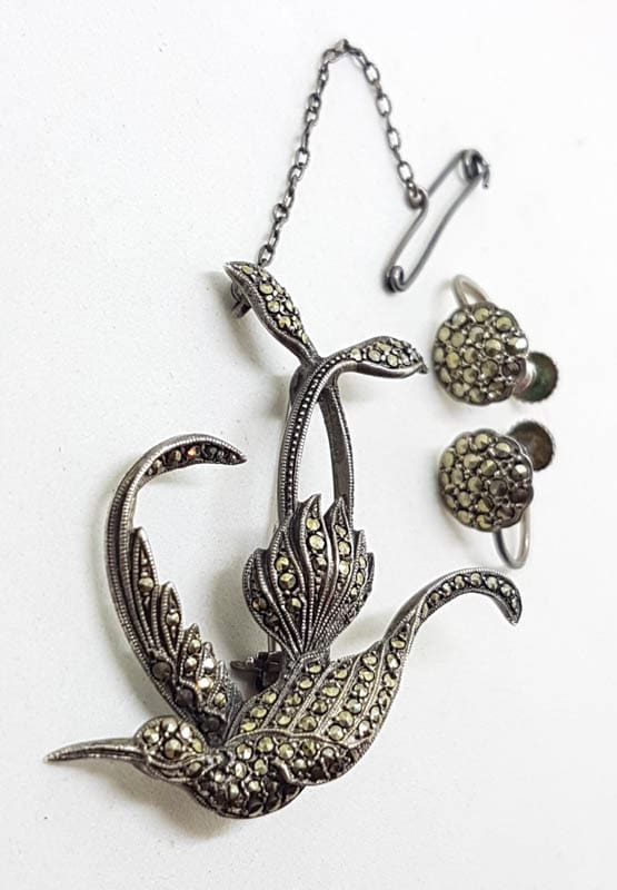 Sterling Silver Large Marcasite Bird / Phoenix Brooch and Earrings Set - Vintage