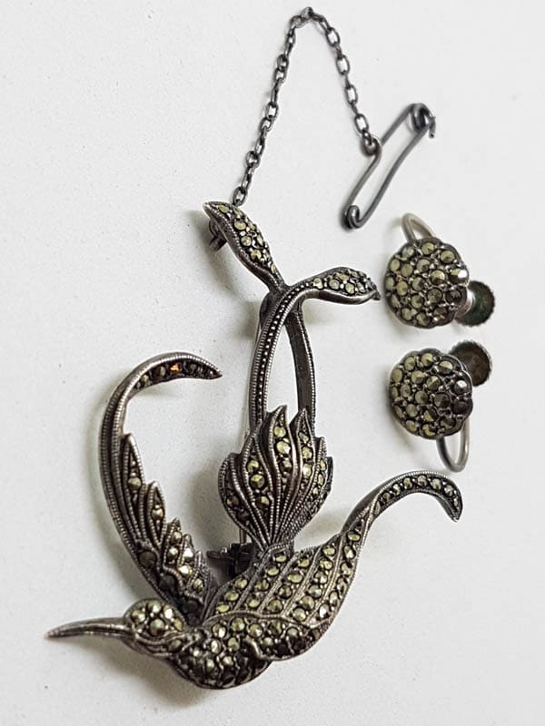 Sterling Silver Large Marcasite Bird / Phoenix Brooch and Earrings Set - Vintage