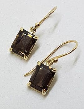 9ct Yellow Gold Rectangular Claw Set Smokey Quartz Drop Earrings