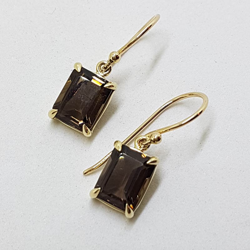 20210715_200708 9ct Yellow Gold Rectangular Claw Set Smokey Quartz Drop Earrings