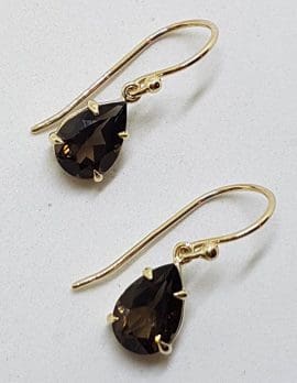9ct Yellow Gold Teardrop / Pear Shape Claw Set Smokey Quartz Drop Earrings
