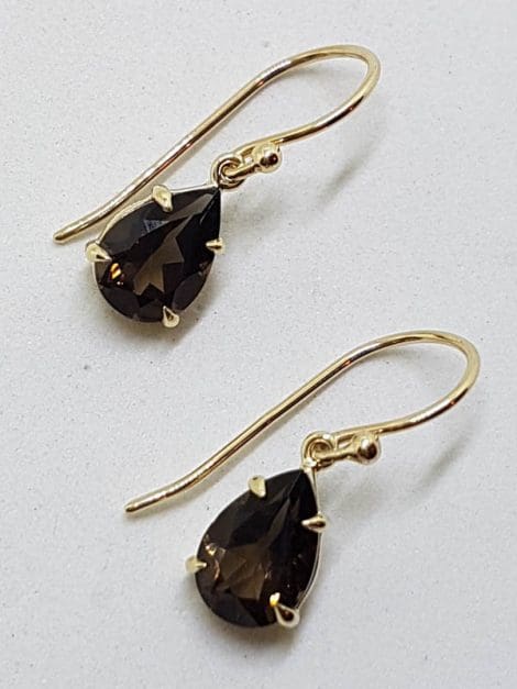 9ct Yellow Gold Teardrop / Pear Shape Claw Set Smokey Quartz Drop Earrings