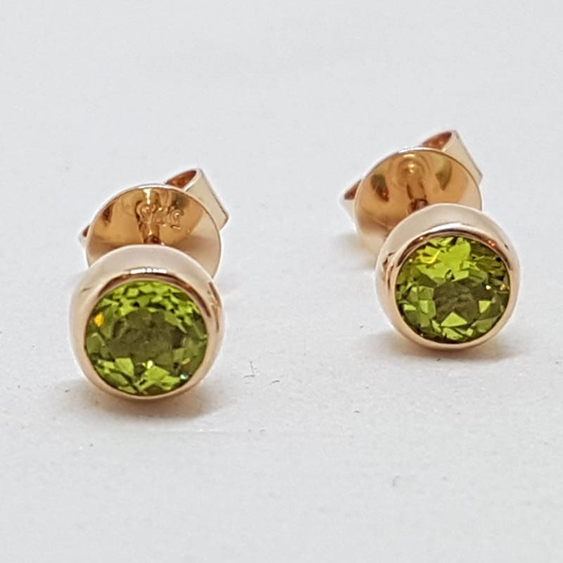 20210715_200952 9ct Rose Gold Round Bezel Set Peridot Stud Earrings