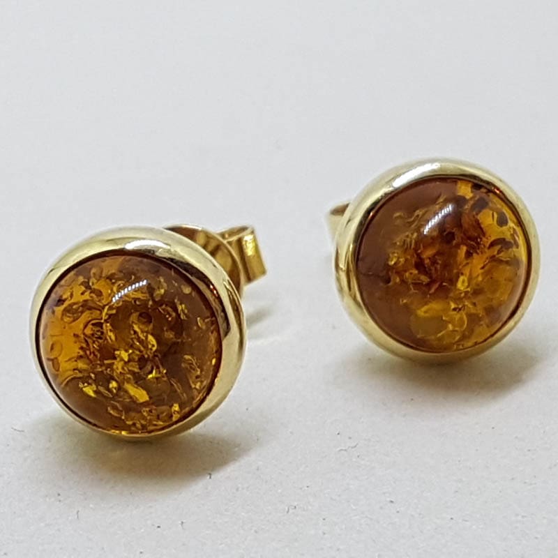 20210715_201037 9ct Yellow Gold Round Bezel Set Natural Baltic Amber Stud Earrings