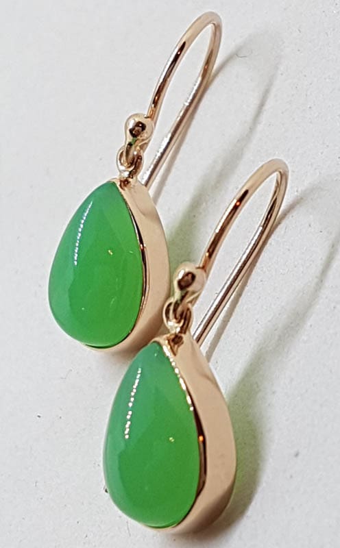 9ct Rose Gold Teardrop / Pear Shape Bezel Set Chrysoprase Drop Earrings