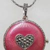 Sterling Silver Pink Guilloché Enamel with Marcasite Heart Round Locket, Compact, Mirror Pendant on Silver Chain
