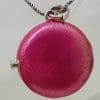 Sterling Silver Pink Guilloché Enamel with Marcasite Heart Round Locket, Compact, Mirror Pendant on Silver Chain