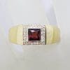 9ct Yellow Gold Square Garnet surrounded by Diamonds Gents Ring / Ladies Ring