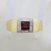 9ct Yellow Gold Square Garnet surrounded by Diamonds Gents Ring / Ladies Ring
