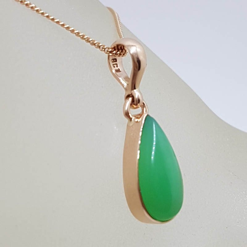 9ct Rose Gold Teardrop / Pear Shaped Bezel Set Chrysoprase - Australian Jade - Pendant on Gold Chain