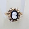 9ct Rose Gold Oval Black and White Cameo surrounded by Seedpearls Ring - Antique / Vintage