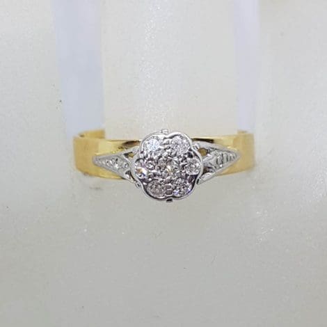 18ct Yellow Gold with Platinum Round Diamond High Set Cluster Ring - Antique / Vintage