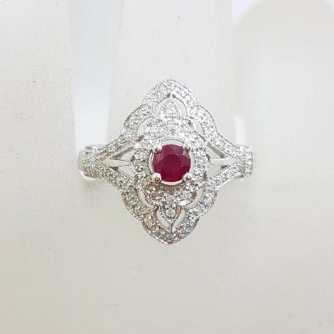 9ct White Gold Natural Ruby & Diamond Large Ornate Cluster Ring