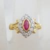9ct Yellow Gold Natural Ruby & Diamond Ornate Marquis Shape Cluster Ring