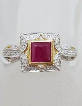 9ct Yellow Gold Square Ruby surrounded by Diamonds Ornate Cluster Ring