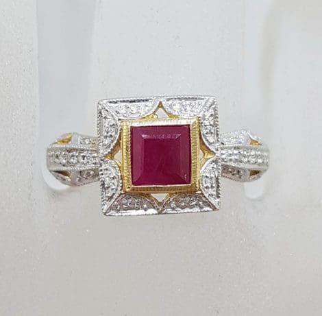 9ct Yellow Gold Square Ruby surrounded by Diamonds Ornate Cluster Ring