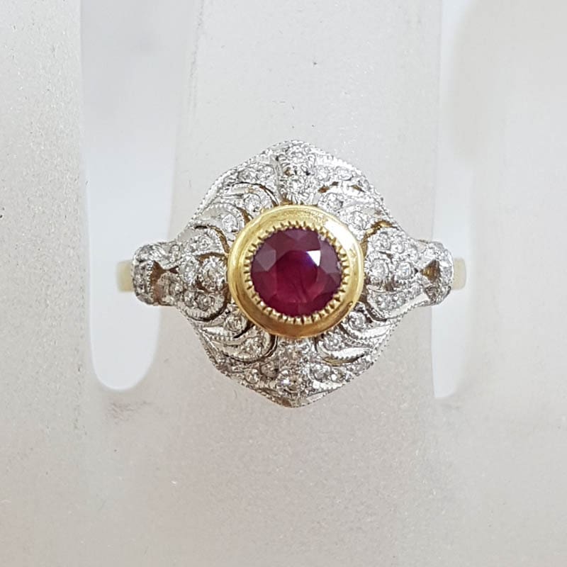 20210716_191818 9ct Yellow Gold Natural Ruby & Diamond Large Ornate Cluster Art Deco Style Ring