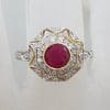 9ct Yellow Gold Natural Ruby & Diamond Large Ornate Patterned Cluster Ring