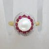 9ct Yellow Gold Natural Ruby, Pearl & Diamond Round Cluster Ring